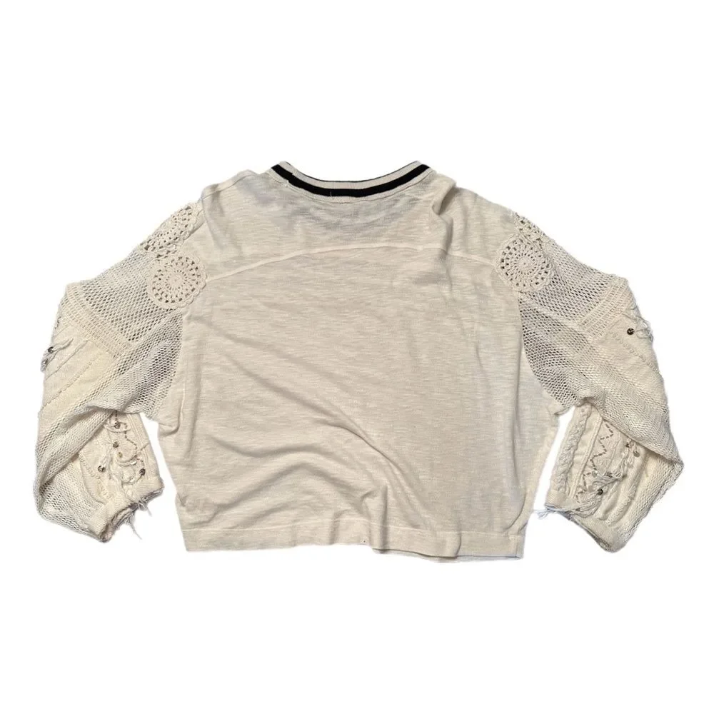 Free People Marrakech Long Sleeve Crochet Embellished Boho Ivory Top Size S